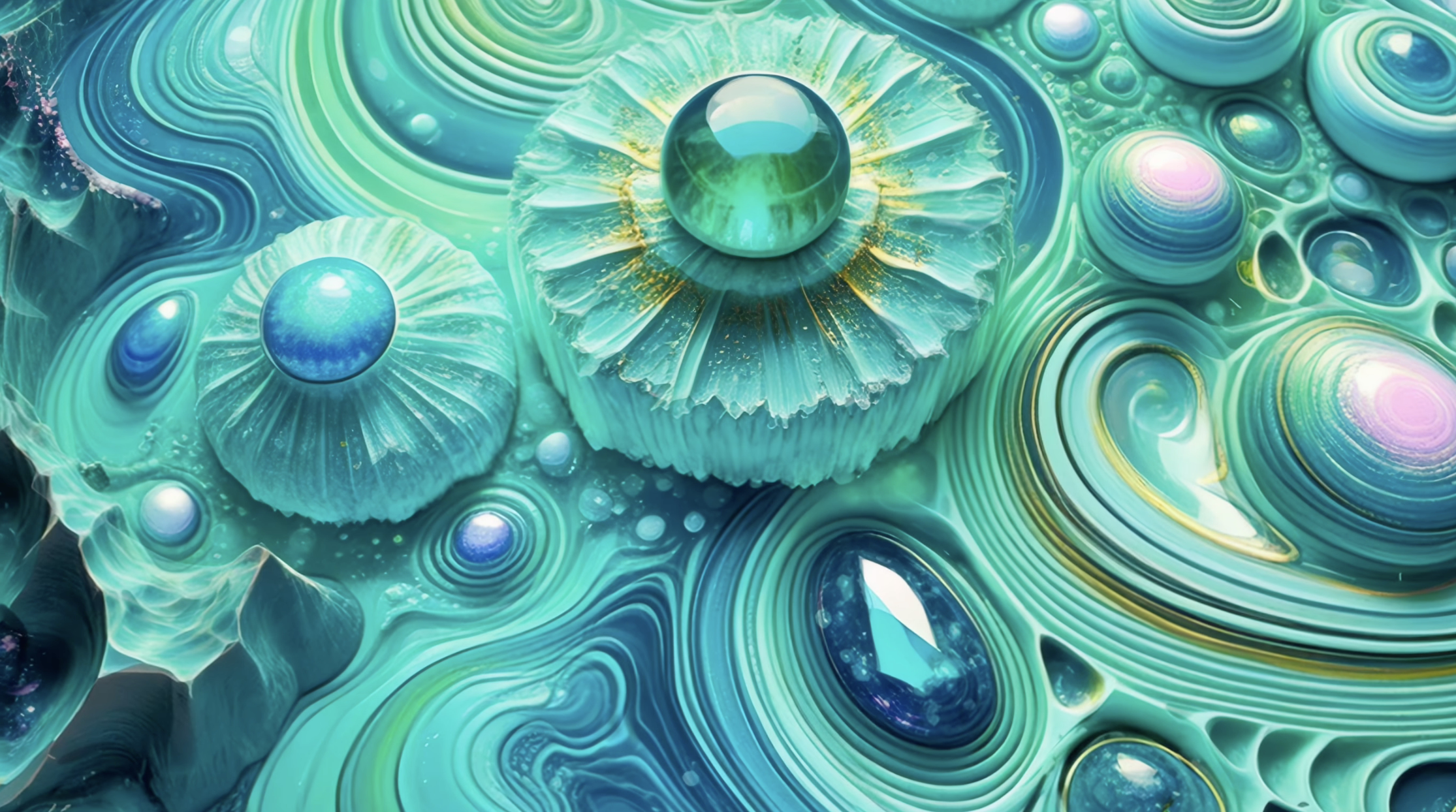 Layered, towering organic platforms in a misty psychedelic landscape, offering balance and harmony.